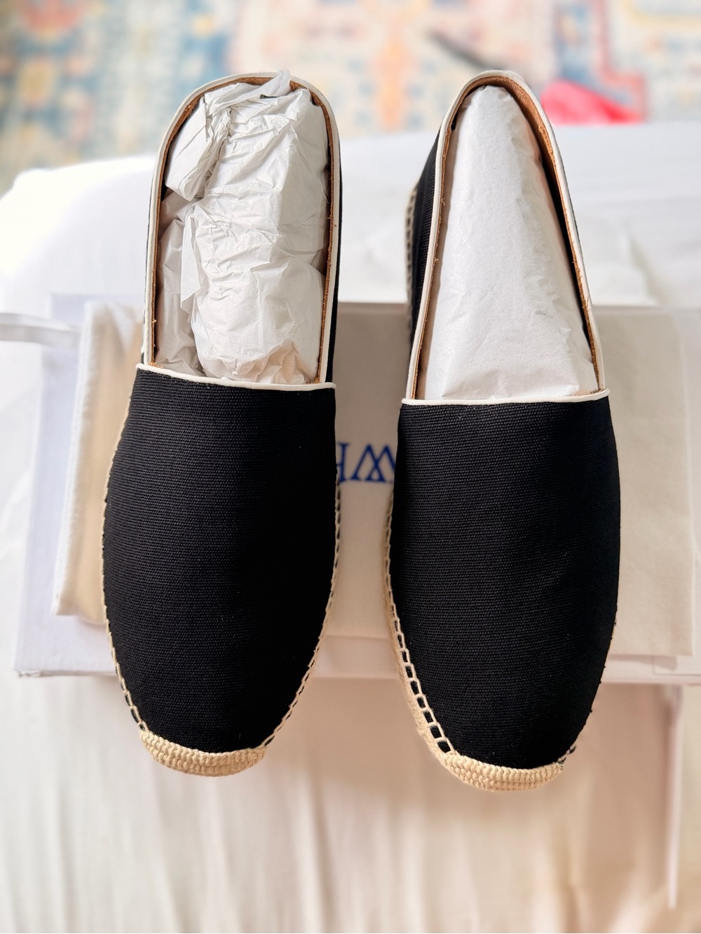 Off-White Black Canvas Slip-On Espadrilles with Natural Trim
